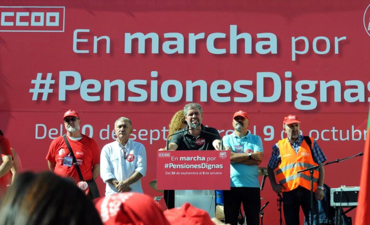 Unai Sordo, Secretario General de CCOO, interviene en la marcha por las pensiones dignas en la Puerta del Sol de Madrid